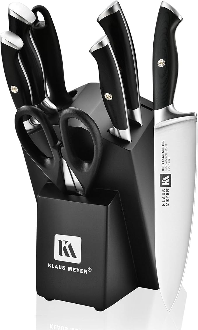 Klaus Meyer 8-Piece Kitchen Knife Set, German High Carbon Steel Pakka Wood Handle Chef Knife Set With Block, Ultra Sharp With Scissors, Sharpener Rod.