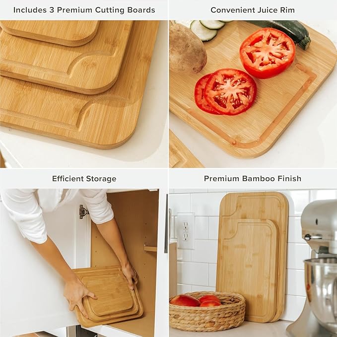 KitchenEdge Bamboo Wood Cutting Board Set of 3, Juice Groove and Non-Slip Rubber Feet, Thick Wood Trays for cheese, vegetables, meat, fruit, Heavy Duty Construction, Pre Oiled (9x6, 12x8, 15x10 inch)