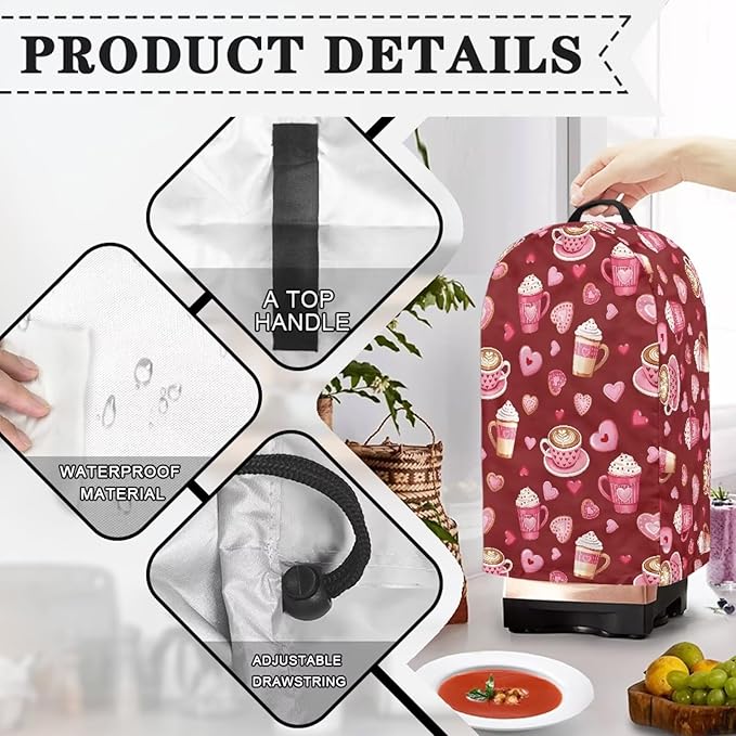 Romantic Kitchen Blender Dust Cover Red Food Processor Heat Dust Protection with Top Handle, Easy to Clean Small Appliance Coffee Maker Juicer Cover