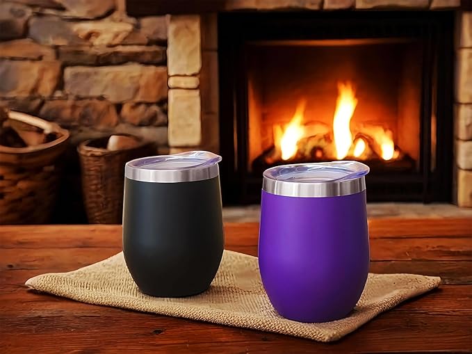 CHILLOUT LIFE 12 oz Stainless Steel Wine Tumbler with Lid - Double Wall Vacuum Insulated Wine Cup Glass Keeping Cold & Hot for Coffee, Champagne, Cocktails, Ice Cream - Powder Coated Purple