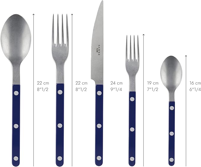 SABRE PARIS - 5-Piece Flatware Set - Bistrot Vintage Collection - Knives, Forks, Soup Spoons, Teaspoons & Dessert Forks - Stainless Steel & Acrylic - Dishwasher Safe - Navy Blue - Mat Finish
