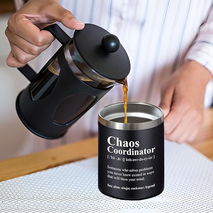 Chaos Coordinator Mug Tumbler 14oz - Christmas Gifts for Men, Boss, Coworker, Manager, Office, Teacher, Nurse - Thank You Birthday, White Elephant Gifts for Adults - Black