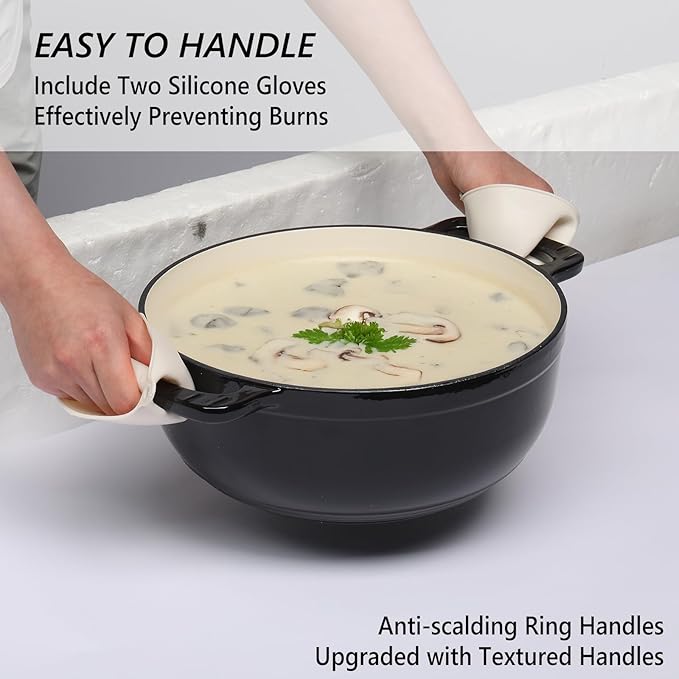 VINGLI 6QT Enameled Cast Iron Round Dutch Oven Pot with Lid, NonStick Casserole Pot with Dual Handles & Silicone GlovesRed, Oven Safe up to 500°F or on Stovetop, Dutch Oven for Bread Baking, Black