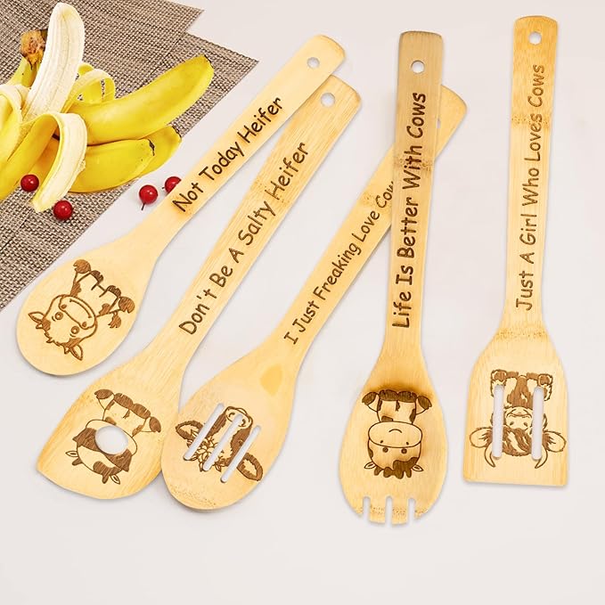 5PCS Cow Wooden Cooking Spoons Set Cow Gifts for Women Cow Kitchen Decor Bamboo Cooking Utensil Spoons for Housewarming Wedding Anniversary Thanksgiving Christmas Gifts Mom Women Cow Lovers Gift