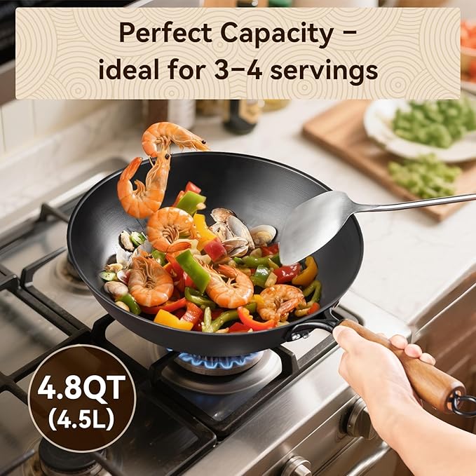 12.6" Iron Wok, Spin-Forged Refined Iron Stir Fry Pan with Wooden Handle, Flat Bottom Wok Pan with Reinforced Rim, Lightweight Woks & Stir-Fry Pans for Everyday Cooking