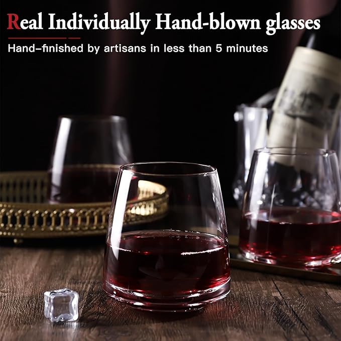 Stemless Wine Glasses Set of 6-14.5oz Hand Blown Heavy Red White Wine Glasses Unique gifts for him/her wedding, birthday, Mother's/father's day, anniversary