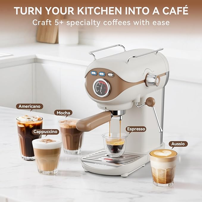 Espresso Machine, 20 BAR Pump Temperature Control, Compact Espresso Maker with Steam Milk Frother, Professional Coffee Makers for Home, Cappuccino, Latte, Gifts for Coffee Lover, White