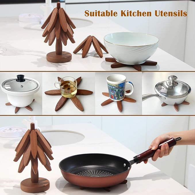 Wooden Trivets for Hot Dishes, Artisanal Wooden Coasters Trivet, Wooden Tree Trivet Set, Set of 3 Natural Tree Trivets+1 Stand