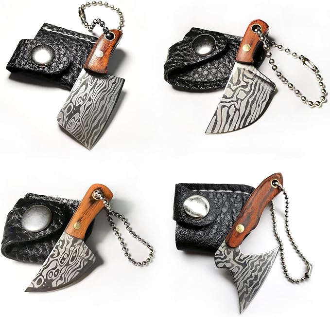 STARDW Damascus Pocket Knife Set, EDC Knife with Sheath,Mini Chef Keychain Knife Set, Tiny Things for Box Cutter Letter Opener Package Opener, Cool Gadgets EDC Tools -Set of 4