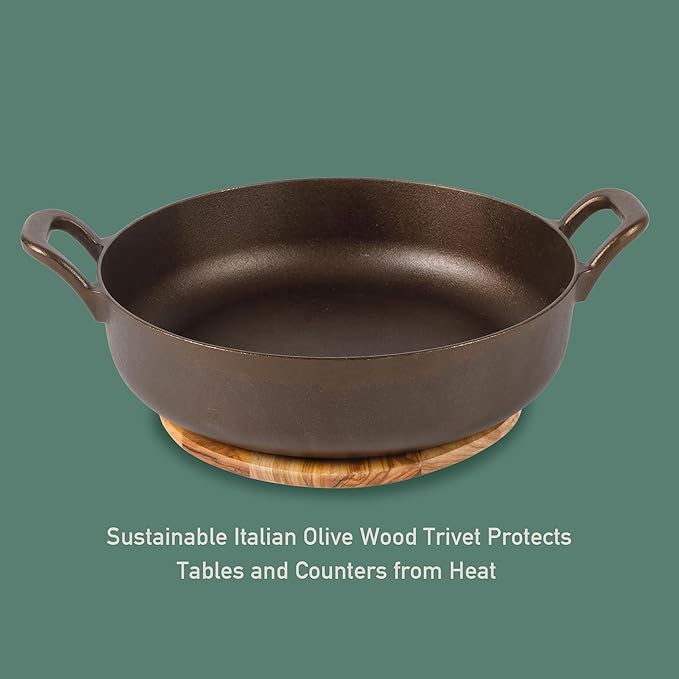 Bloomhouse - Two Time Oprah's Favorite Things Winner - Natural Bronze Finish 13" Round Cast Iron Everyday Pan – Olive Oil Treated Surface w/Dual Handles Olive Wood Trivet Oven Stovetop Campfire Safe