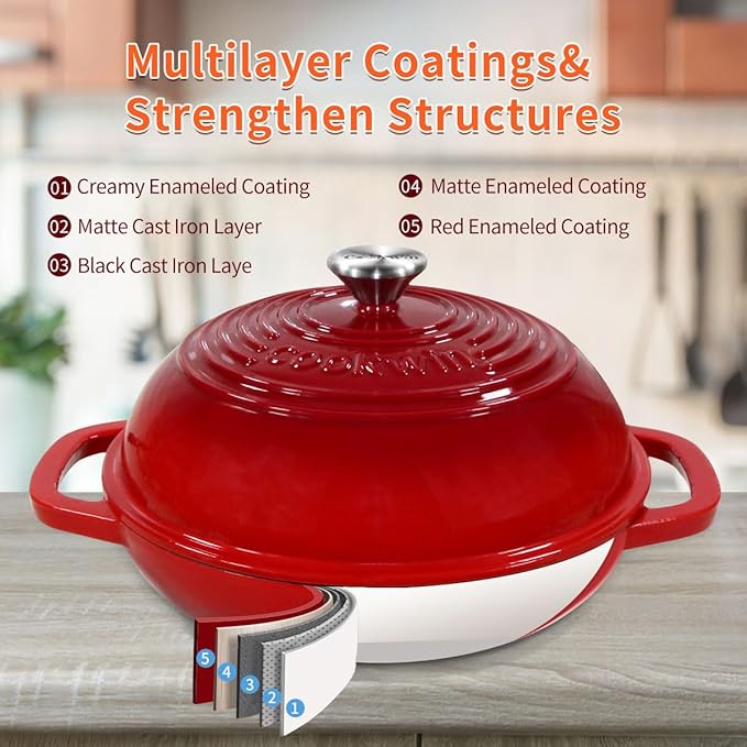 Enameled Cast Iron Dutch Oven with Lid,11”Dutch Oven for Homemade Bread,6 Quart Bread Pans,Bread Oven for Sourdough Bread Baking-with Silicone Baking Mat,Red Thick Enamel Bread Pan-Gifts for Family