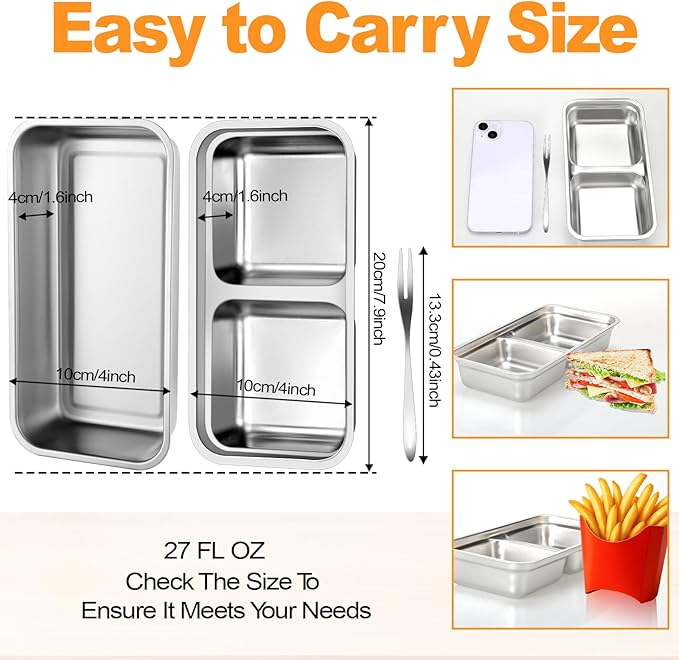 Stainless Steel Snack Containers with Lids, Reusable Bento Lunch Container Box, Food Storage, Leak Proof, Dishwasher-Safe, Grab and Go for Work, 2 Single + 2 Double Compartment