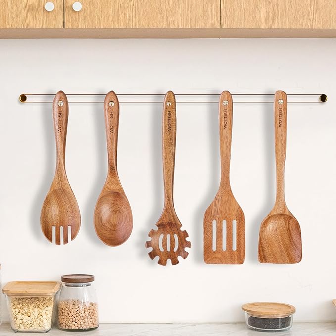 Wooden Spoons for Cooking - 5-Piece Wooden Kitchen Utensil Set made of Natural Solid Wood Material - Includes Salad Spoons, Spaghetti Spoon,Slotted Spatula, Salad Fork, Flat Spatula(A05)