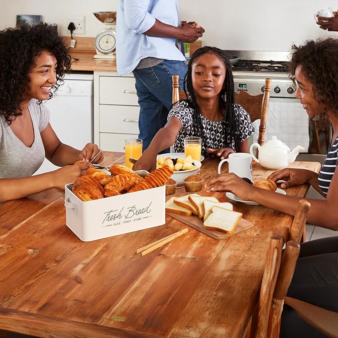 Talented Kitchen Countertop Bread Box - White Metal, Airtight Storage Container with Wood Cutting Board Lid & Side Handles - Wood Tongs Included - Bread Storage Container for Kitchen Organization