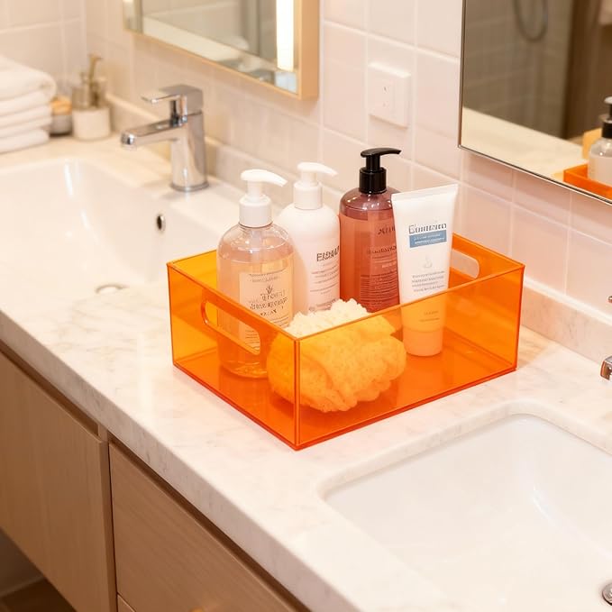 Large Storage Bin Acrylic Pantry Storage Container with Handles Kitchen Organizer Bin for Cabinet Cupboard Organization, Heavy Duty, 15.4 x 11.4 x 5.5'', Neon Orange