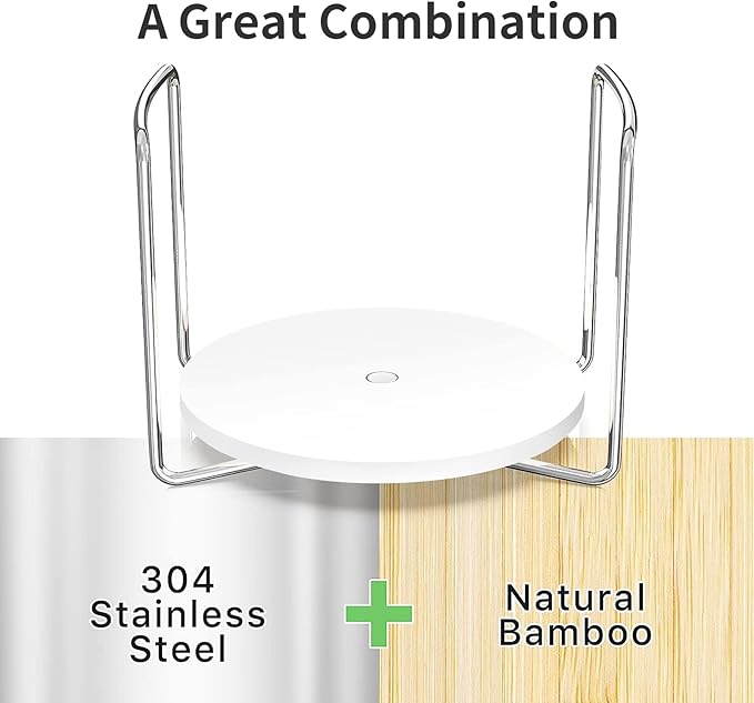 Plate Holder for Kitchen Drawer - 2Pcs White Bamboo Dish Racks for Kitchen Counter - Adjust 6.75" to 12.5" Stainless Steel Plate and Bowl Organizer for Cabinet, RV, Countertop (S&L)