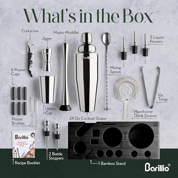 Barillio Silver Bartender Kit - Stainless-Steel Cocktail Shaker Set w/Black Bamboo Stand - Mixology Bar Tools w/Drink Shaker, Mixer & Muddler for Cocktails - Home Bar Accessories - 23-Pc Bar Set