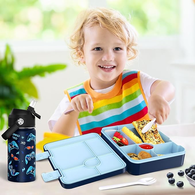 Bevalsa Kids Bento Lunch Box with 6 Compartment, Stainless Steel Metal Water Bottle, Insulated Bag & Utensils, BPA-Free Leakproof Food Container for School Boys Girls, Back To School Gift