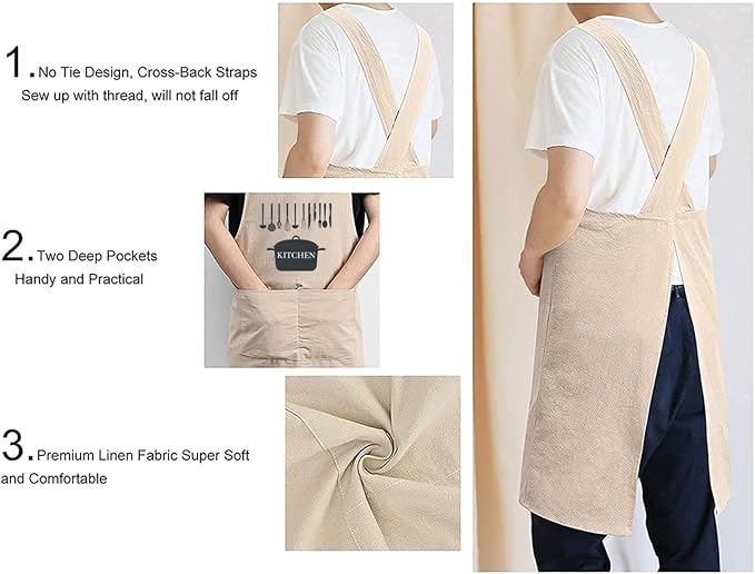 Cotton Linen Apron Non-tie Cross Back Kitchen Apron with Pockets Soft Comfortable Durable for Cooking Baking Gardening (Khaki,Ktichen)
