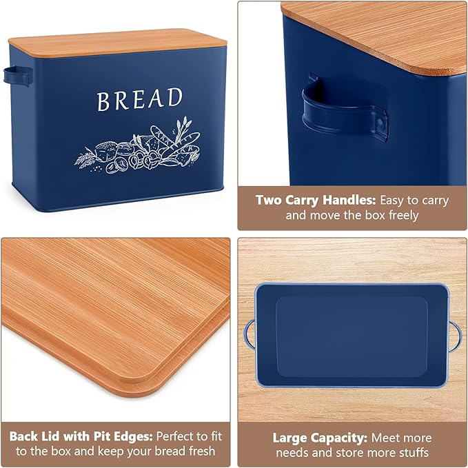P&P CHEF Bread Box for Kitchen Counter, Metal Bread Storage Bin with Wooden Cutting Lid, Large Capacity for Holding 2+ Loaves, Retro Modern Style, Size 13” x 7.2” x 9.7”, Blue