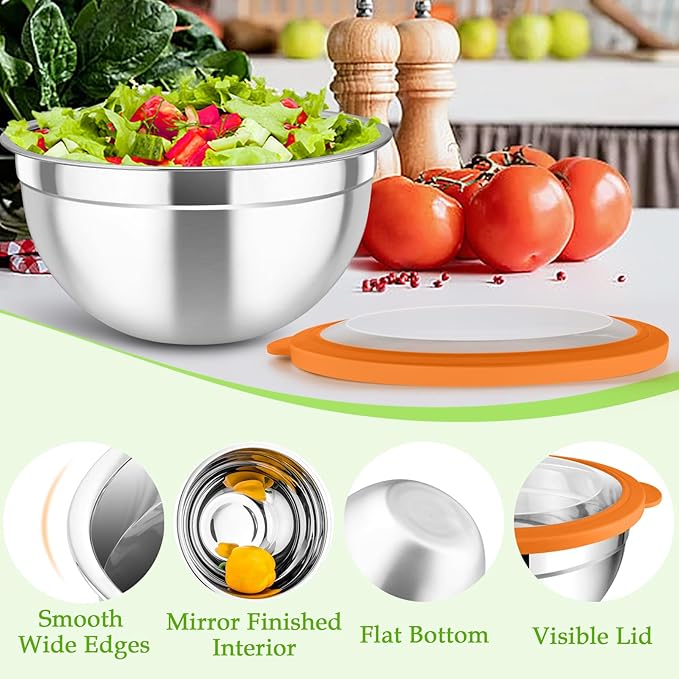 TeamFar Mixing Bowls, 4.5/3/1.5 QT Stainless Steel Nesting Salad Bowls with Airtight Lids, For Serving/Mixing/Storing/Prepping, Non-Toxic & Sturdy, Visible & Easy Clean, Multi-Color, Set of 3