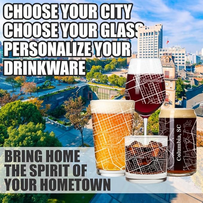 Blue Ridge Mountain Gifts - Columbia Souvenir - South Carolina Glassware Gift, Etched City Map, Laser Engraved and Dishwasher Safe