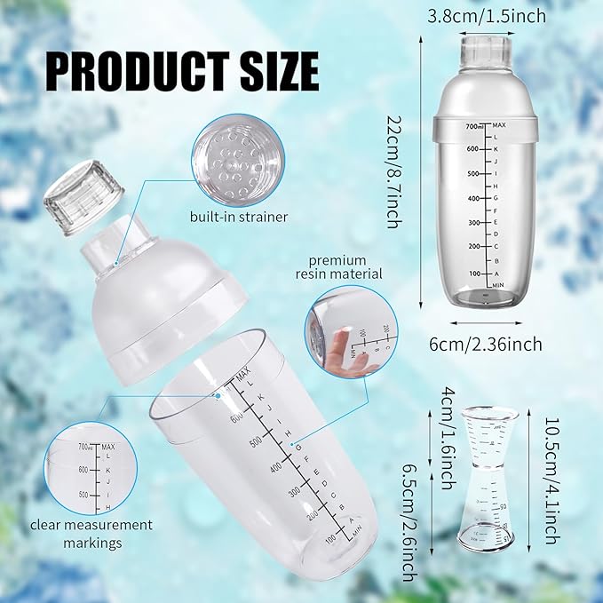 12 Pcs Plastic Cocktail Shaker with Scales and Strainer Top, Clear Drink Mixer Cup with Measurements for Tea, Coffee, Boba, and Milk, with 6 Cocktail Measuring Jiggers(700 Cc/ 24 oz)