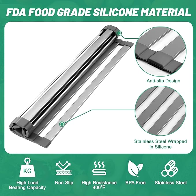21.6" X 13" Roll Up Dish Drying Rack，Over The Sink Drying Rack 304 Stainless Steel Foldable Heat-Resistant Dishes Drainer for Kitchen and RV Sink Counter