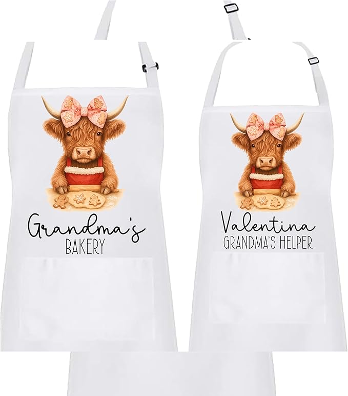 Personalized Mommy & Me Highland Cow with Bow Apron Set – Christmas Matching Family Baking Gift