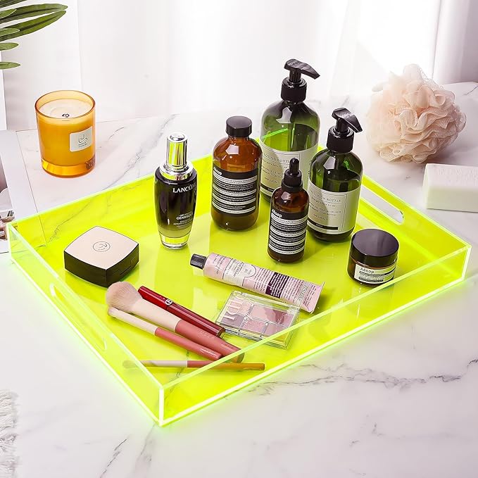 Large Acrylic Tray Ottoman Coffee Table Tray with Handles 17x13'' Decorative Serving Platter for Food Tea Dinner Snack Eating Bar Party, Neon Green