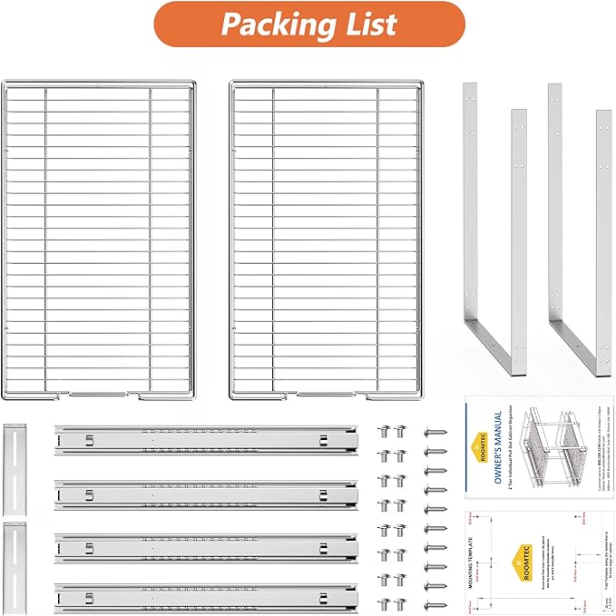 ROOMTEC Individual Pull Out Cabinet Organizer (17" W x 21" D), 2 Tier Spice Rack Organizer for Cabinet, Slide Out Drawer Pantry Shelf Organization and Storage for Kitchen Bathroom