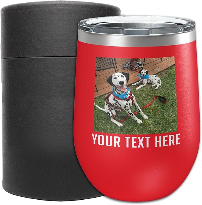 Personalized Mothers Day 12oz Photo Printed Insulated Stainless Steel Powder Coated Stemless Wine Tumbler with Lid, Customized Mum Gift Idea for Her, Custom Mom Coach Gifts Team (Red)