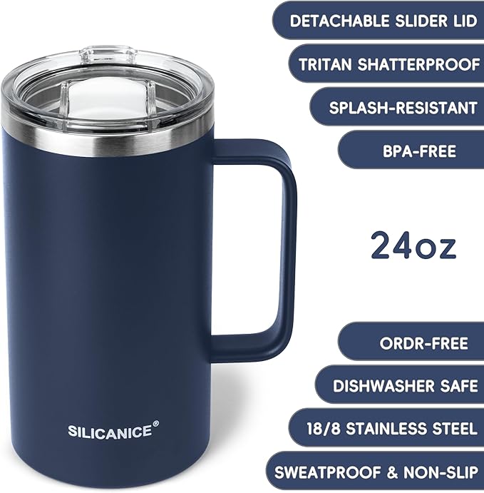 14/24oz Insulated Coffee Mug Cup With Handle, 304 Stainless Steel Vacuum Insulation, Tritan Detachable Slider Lid, BPA Free, Dishwasher Safe - Office & Home - Navy