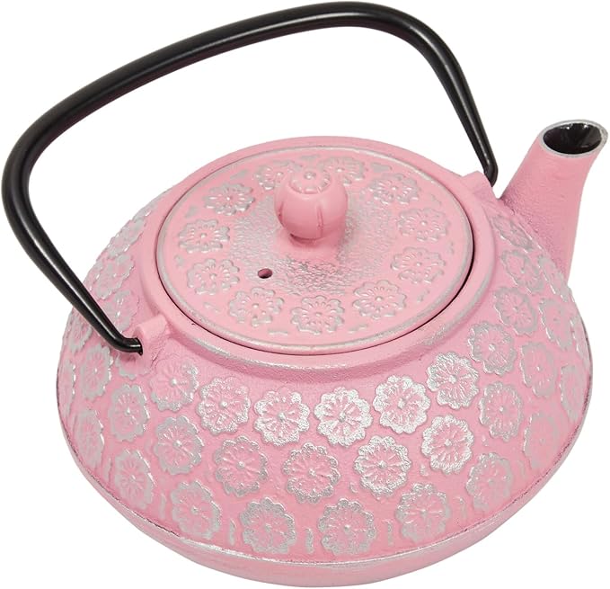 Juvale Cast Iron Tea Kettle - Stainless Steel Infuser & Loose Leaf Tea Steeper - Heat Retention in Pink Cast Iron Kettle - 34 oz