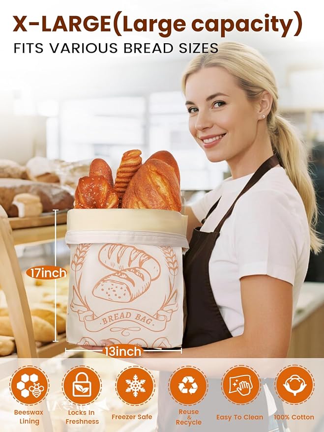 2 Pack Beeswax Bread Bags with Zipper, Sourdough Bread Storage for Homemade, Freezer Storage Bag to Keep Fresh, Large Cotton Beeswax Container, Baguette Bag with Liner, Kitchen Baking Supplies