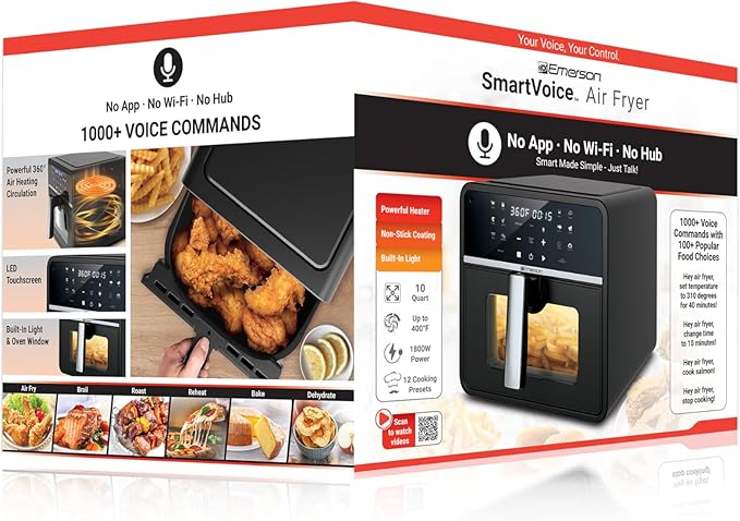 Emerson SmartVoice 10QT 6-in-1 Air Fryer, 1000+ Voice Control Commands, 100+ Recognized Food, No APP, No WIFI, No Setup, Nonstick Basket, Air Fry, Bake, Reheat, Dehydrate, 1700W