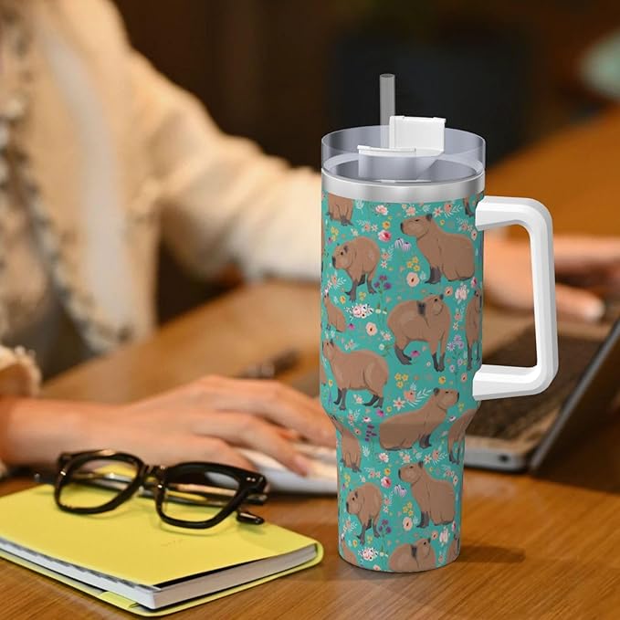Capybara Gifts Capybara Tumbler Cute Cup Water Bottle for Girls, Teens, Women, Men Stainless Steel Vacuum Insulated 40oz Tumbler with Lid and Straw for Water, Iced Tea or Coffee, Blue