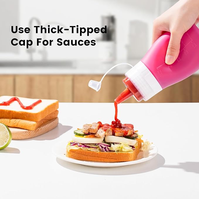 Condiment Squeeze Bottles, 12 oz Silicone Squeeze Bottles For Sauces, Leak Proof Condiment Containers with Extra Interchangeable lid, Easy Squeeze for Oil, Honey & Dressings, BPA FREE (4 Pack)