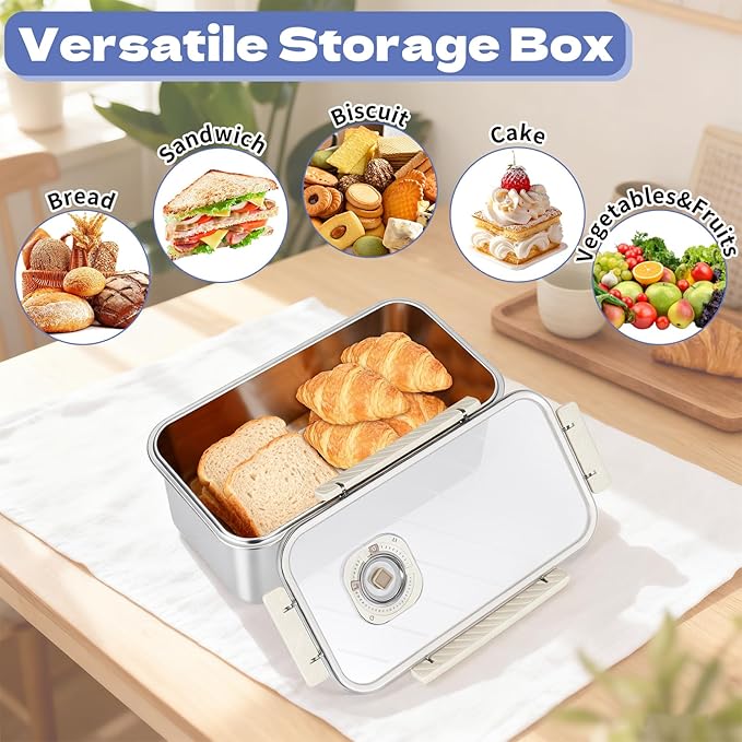 Bread Box for Homemade Bread with Lid, Time Recording Bread Storage Container, Airtight Fresh Bread Holder bin For Kitchen Countertop, Dishwasher Safe