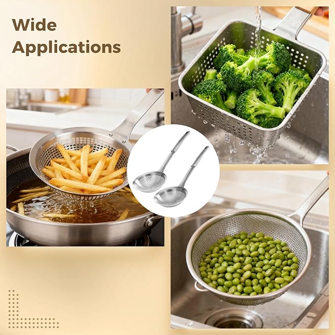 2 Pcs 304 Stainless Steel Skimmer Spoon Set, 5.51 in Large Small Hole Ladle, Long Nylon Handle Strainer Colander for Frying, Hot Pot, Noodle, 14.37 x 5.51 x 1.54 in