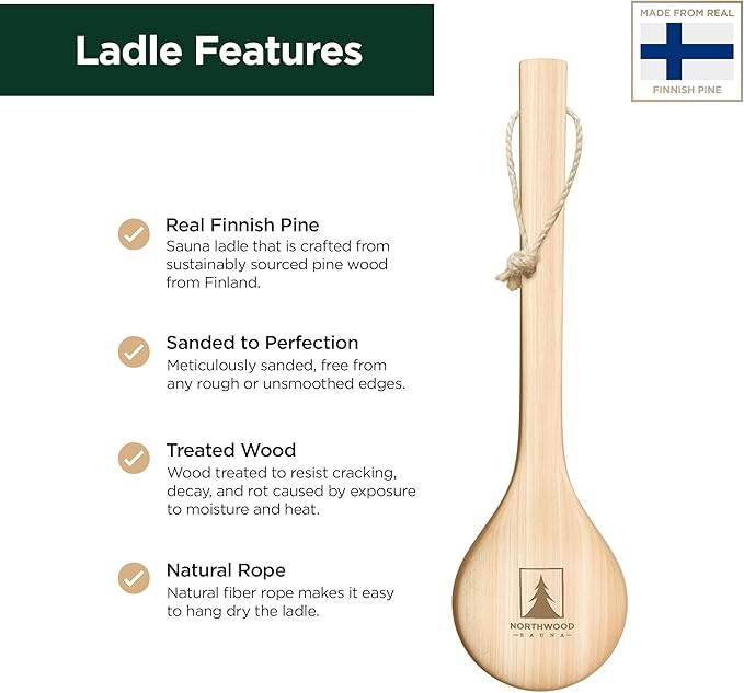 Sauna Ladle - Handmade from Finnish Pine Wood - Natural Rope - 16″ Handle & 5 oz (150 mL) Capacity Spoon