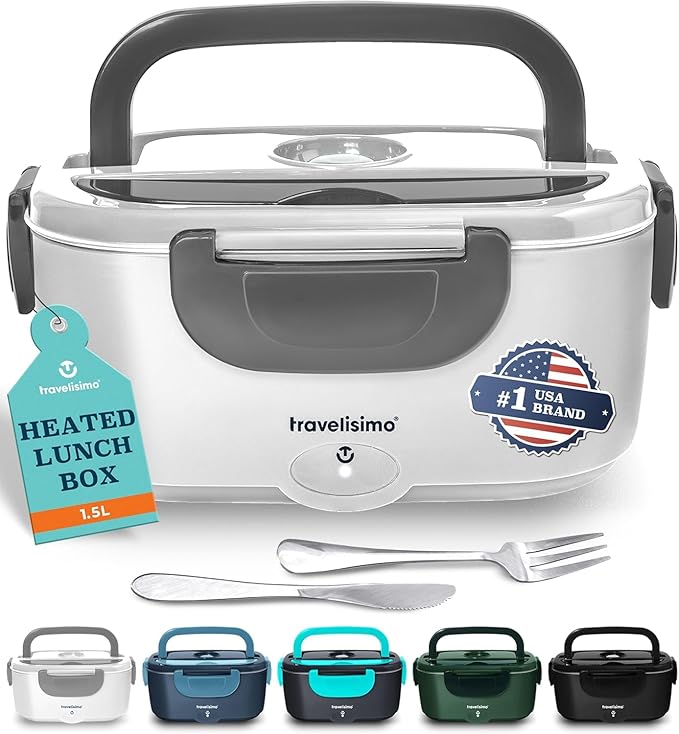 TRAVELISIMO Electric Lunch Box for Adults 80W Heated Lunch Box For Men 1.5L Stainless Steel Portable Food Warmer, 12/24/110V Electric Food Warmers for Travel & Work, Loncheras Para Hombres de Trabajo