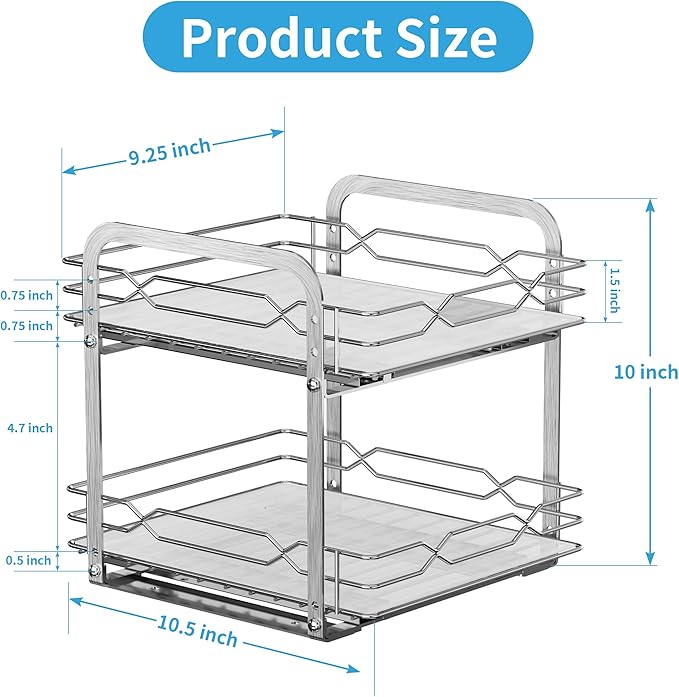 Pull Out Spice Rack, 2 Tier Spice Organization for Cabinet, Heavy Duty Spice Rack, 9-1/4 inch Wide - Spice Racks for Inside Cabinets, Kitchen, Pantry - Chrome, 9.25”W x 10.39”D x 9.76”H