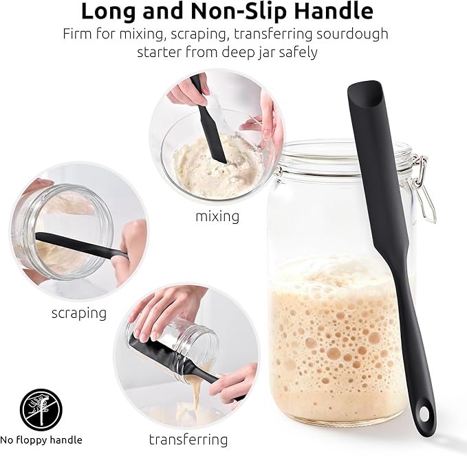 U-Taste Silicone Jar Spatula for Sourdough Starter: Long Skinny Food-Grade Jam Spreader, Sturdy Stirring Stick Bowl Scraper with Flexible Spoon Tip, Mixing Icing Tool, Peanut Butter Knife (Black)