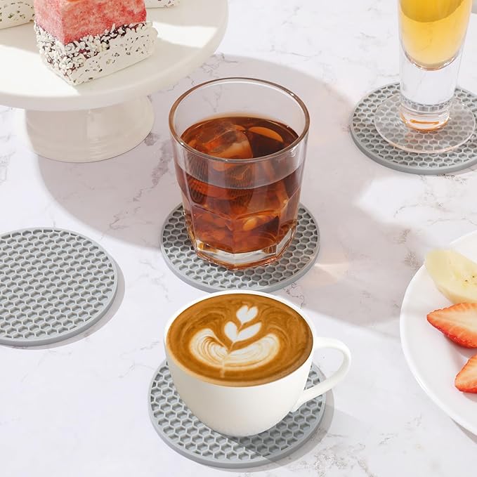 Silicone Coaster Set of 16 with Holder, Drinks Coasters, Suitable for Hot or Cold Cups, Anti-Slip, Non-Stick, Anti-Overflow Tabletop Protection and Decor (Gray, 16 Pcs)
