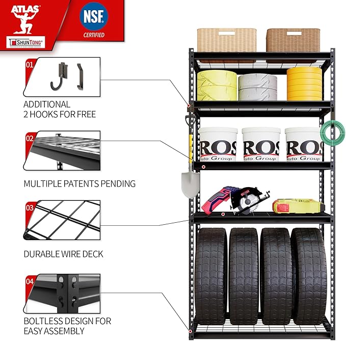 The Atlas 36" W x 18" D x 72" H Adjustable Garage Storage Shelves Load 4000 lbs, 5 Tier Heavy Duty Shelving Unit, Metal Utility Storage Rack for Warehouse Pantry Basement Kitchen, Dark Grey