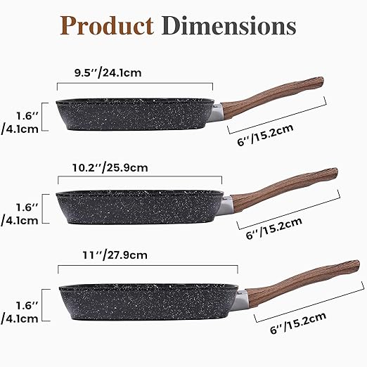 Grill Pan, Skillet Set 3 Piece, Frying Pan Non Stick with Stay Cool Handle & PFOA Free,Compatible with all Stovetops, Black (9.5"10" 11")