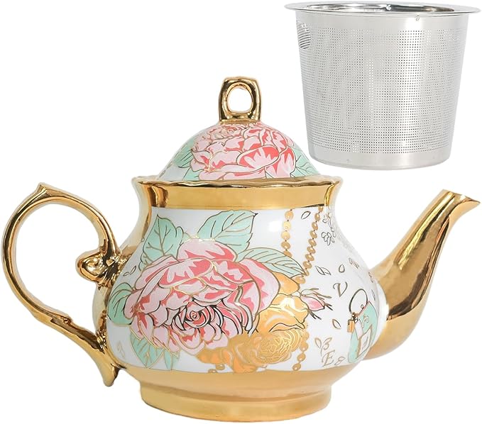 Classic Vintage British Royal Style Ceramic Teapot, 30OZ Large Teapot Perfect for Everyday Gatherings (blue, Large)