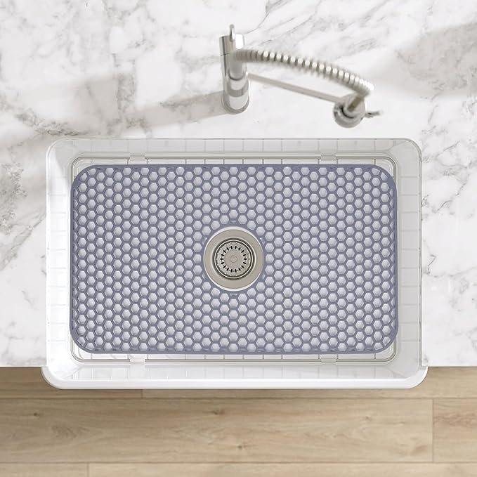 Silicone Sink Mat - Protectors for Kitchen Sink with Center Drain, 26"x 14" Kitchen Grid Accessory, Non-Slip Heat-Resistant Mat for Bottom of Farmhouse Porcelain Stainless Steel (Center Hole)