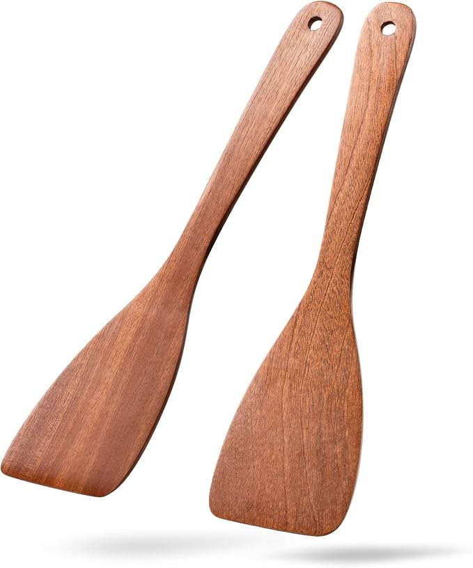 2PCS Wooden Spatulas for Cooking, 13inch Coated Sapele Wood Turners for Frying, Non-Scratch Flat Spurtle for Pan & Wok, Wooden Cooking Utensils for Non Stick Cookware, Long Handle Scraper